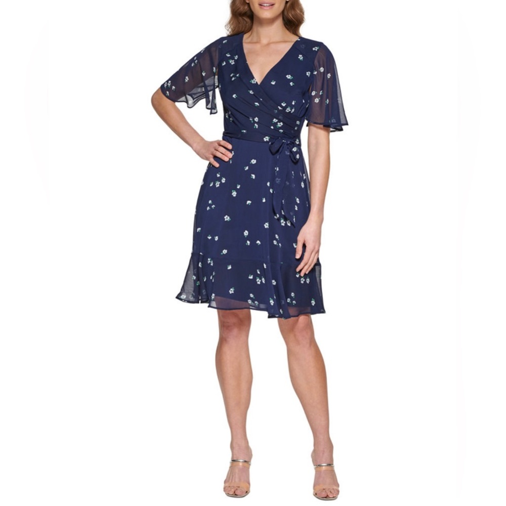 DKNY Flutter-Sleeve Faux-Wrap Dress